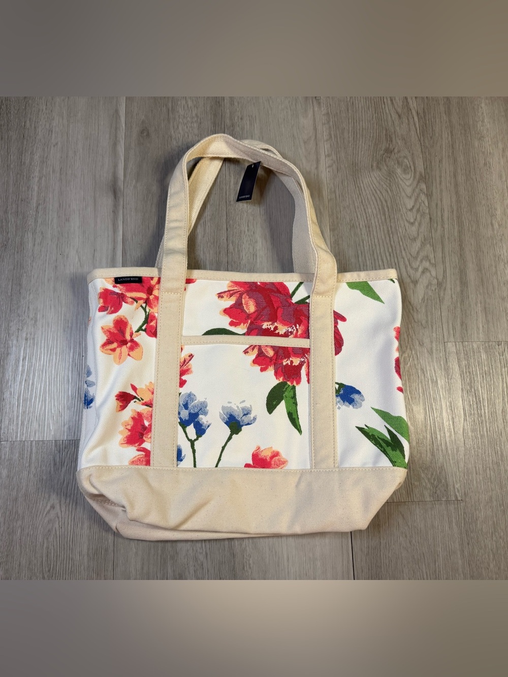 Lands End Floral Canvas Tote Bag White Pink Blue Open Top Shoulder Bag NWT